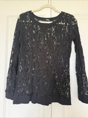 a.n.a Black Sheer Lace Long-Sleeve Top